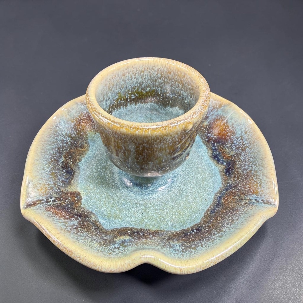 Studio Pottery Candle Egg Cup Holder Attached Plate‎ Hand Made Artist Sign VTG
